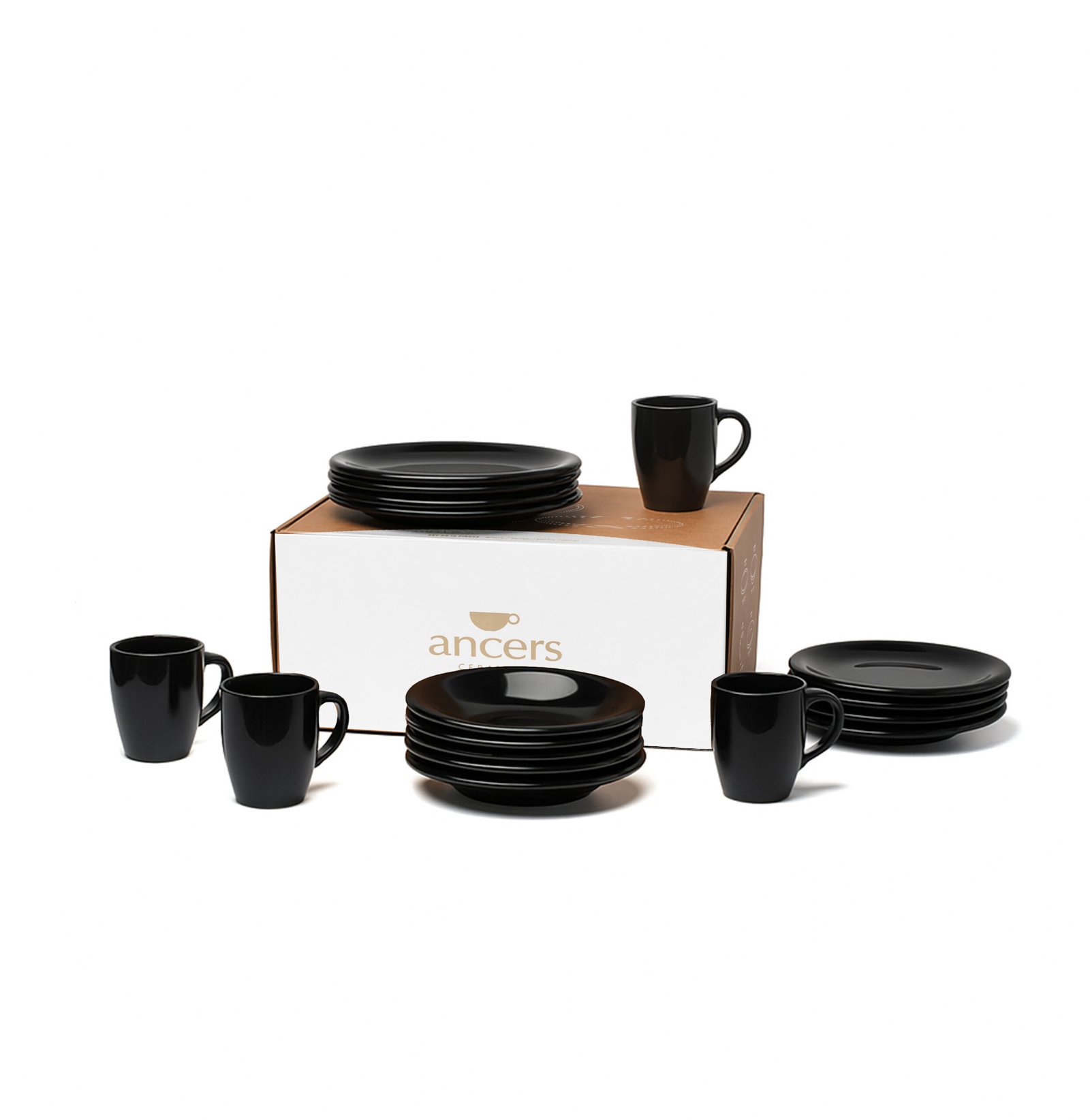 Set de 16 piezas de cer&aacute;mica con platos playos, hondos, de postre y jarros, color negro