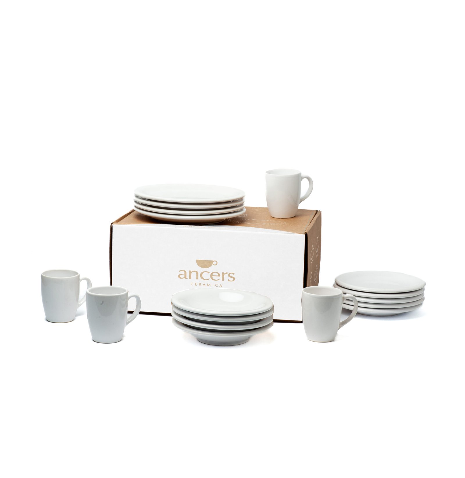 Set de 16 piezas de cerámica con platos playos, hondos, de postre y jarros, color blanco