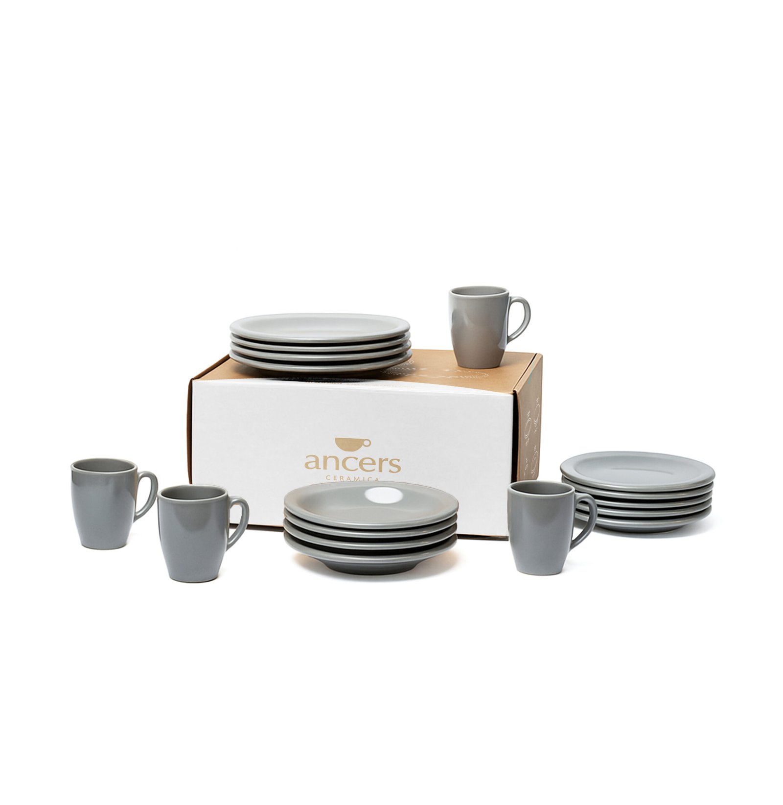 Set de 16 piezas de cerámica con platos playos, hondos, de postre y jarros, color gris