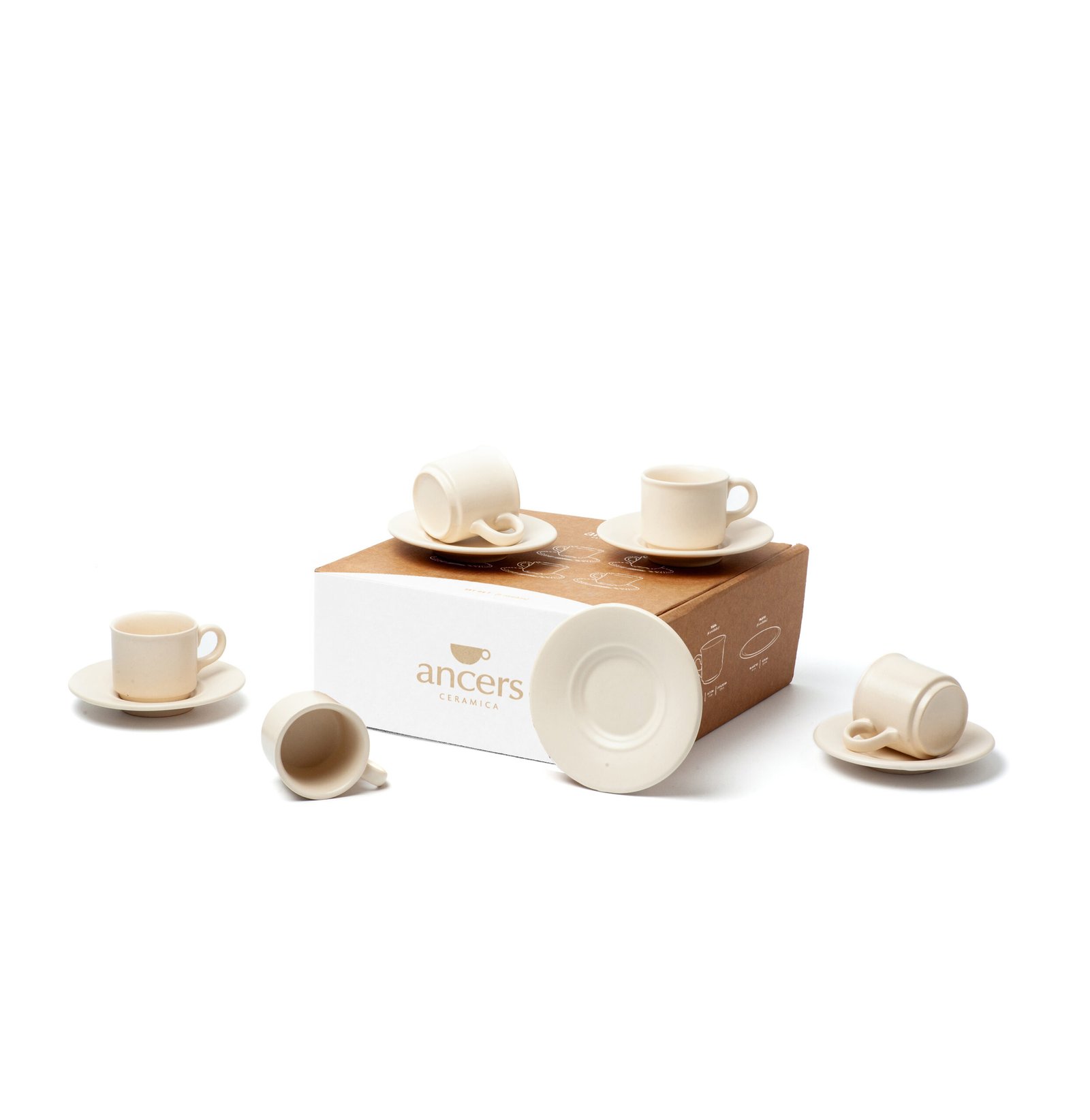 Set de 6 pocillos de caf&eacute; con plato 6510 de cer&aacute;mica, color hueso mate, con su caja