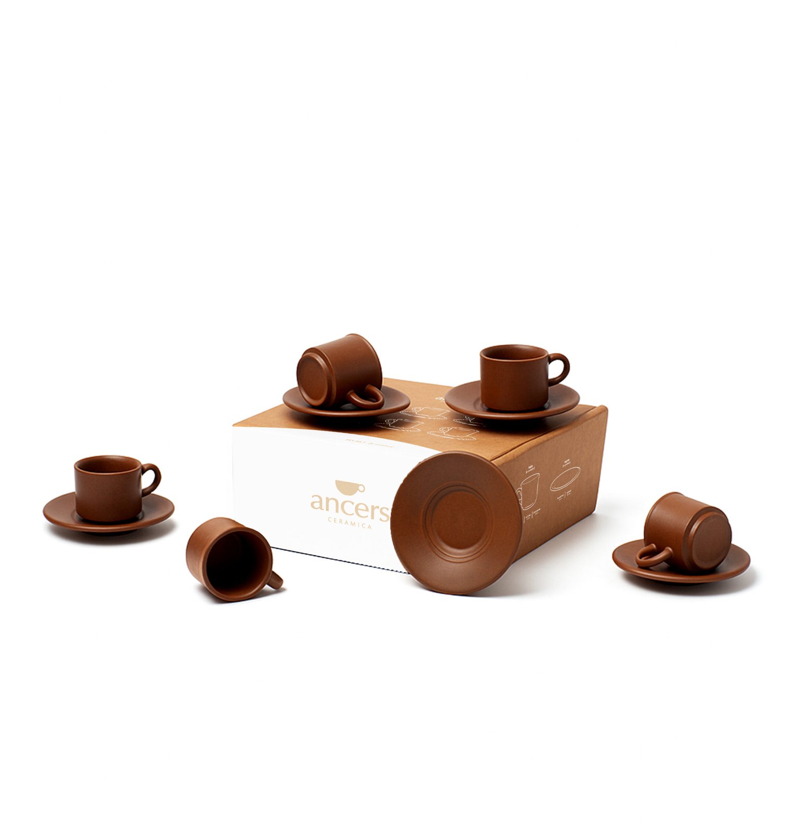 Set de 6 pocillos de café con plato 6510 de cerámica, color chocolate, con su caja