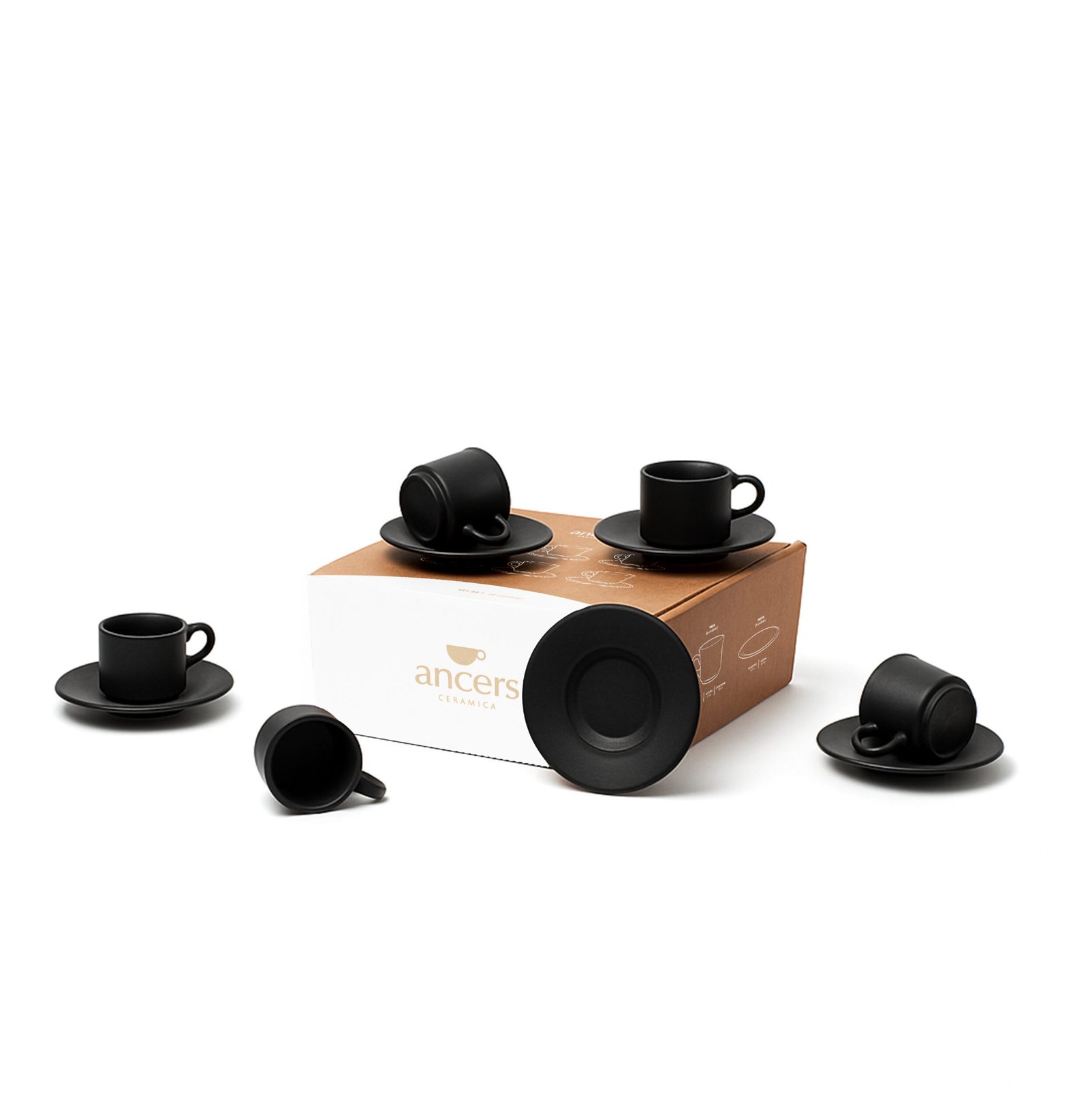 Set de 6 pocillos de café con plato 6510 de cerámica, color negro mate, con su caja